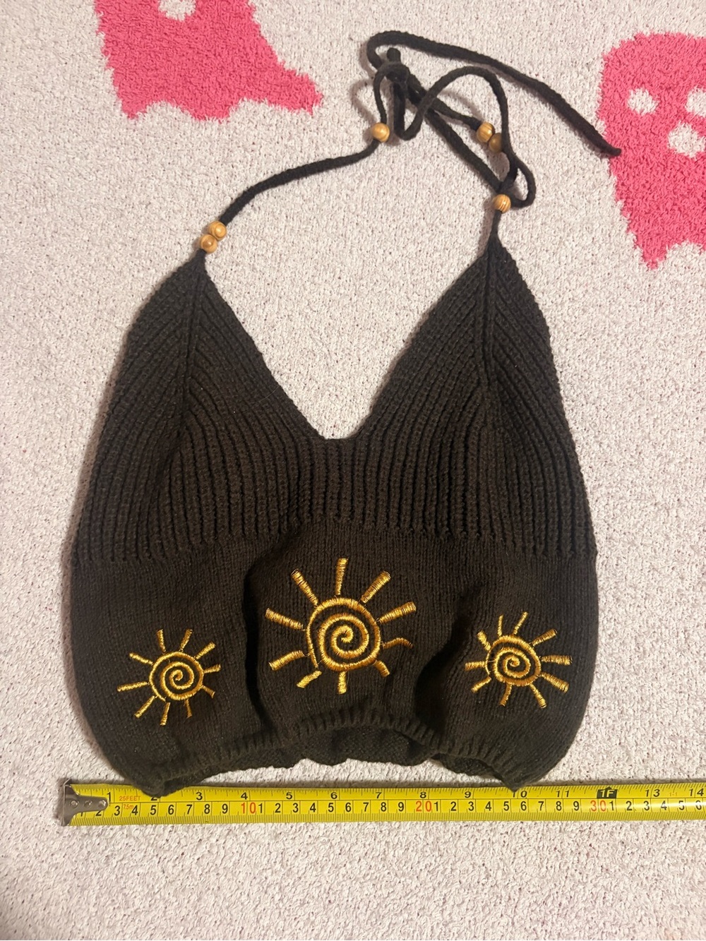 Handmade Brown Knit Halter Top with Yellow Sun Embroidery